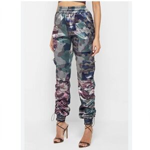 ♥️ Maniere De Voir Satin Camo Cargo Pants Joggers khaki pink purple 8 MDV
